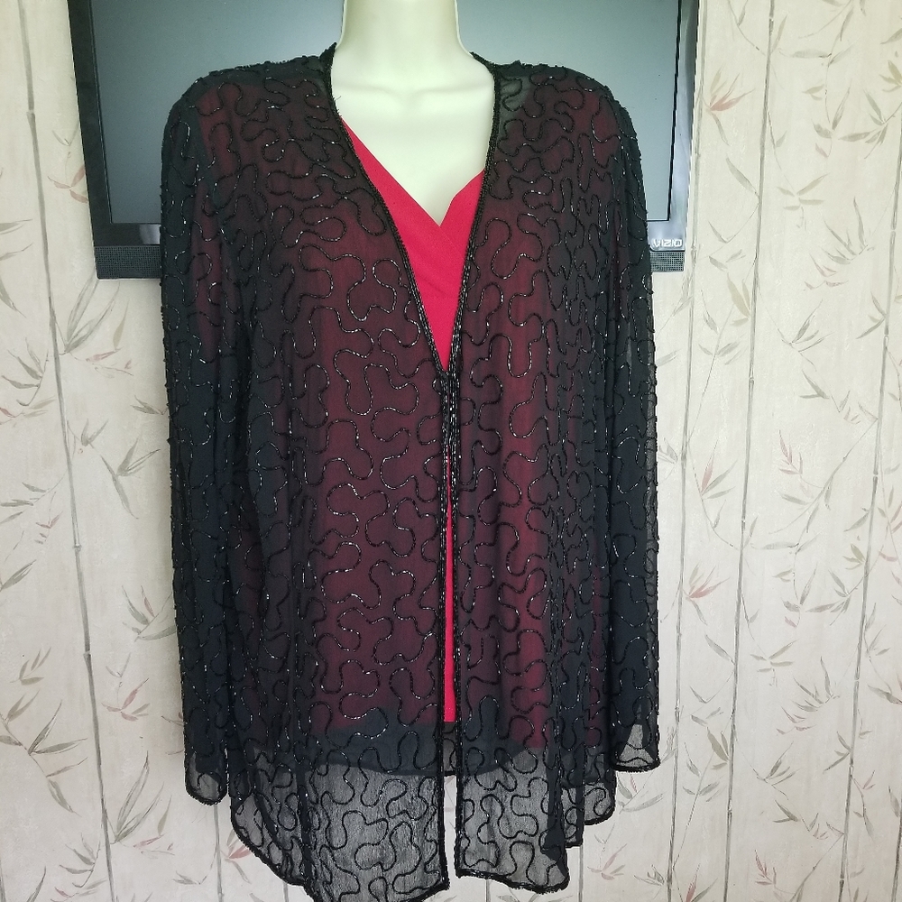 Marina Bresler Black Beaded Sheer Jacket 1X EUC